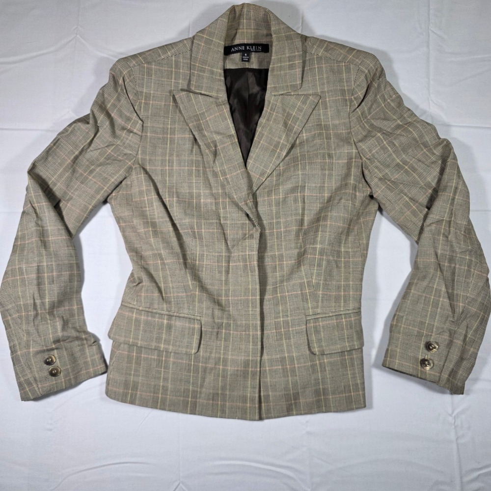 Anne Klein New York Women Brown Glen Plaid Wool Blend Blazer Jacket Size 4